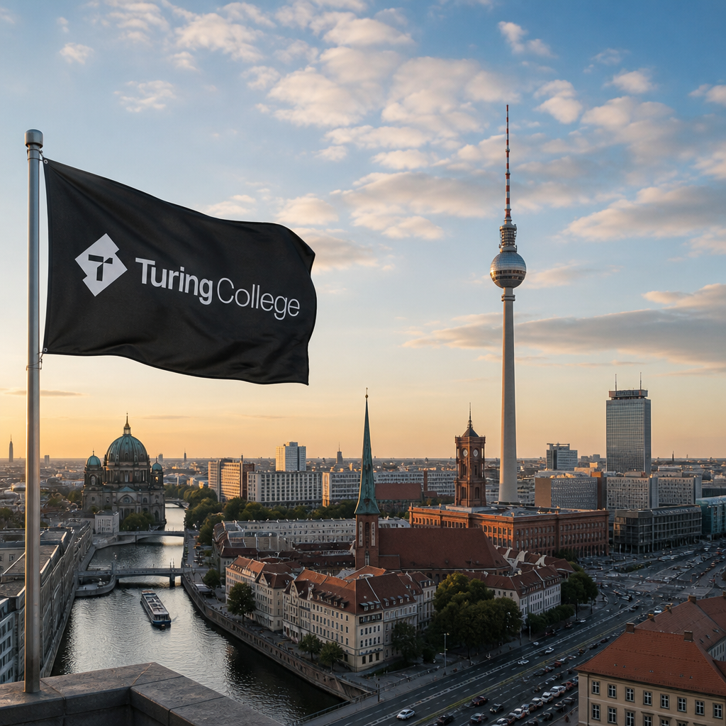 Turing-College-Flagge vor der Berliner Skyline