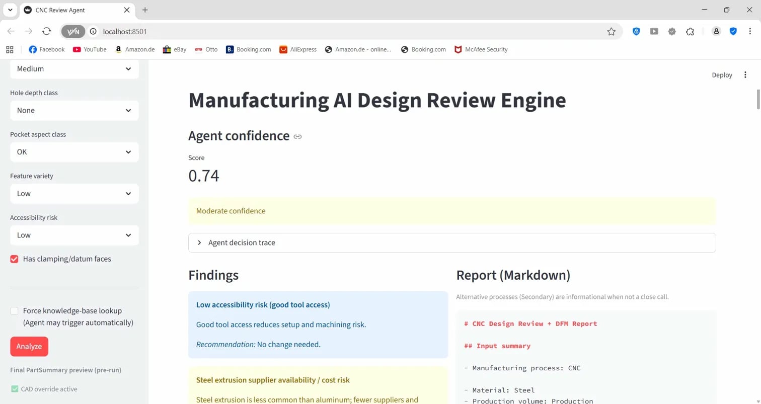 Bildschirmfoto der Design-Review-Oberfläche mit Fertigbarkeitsbewertung eines Bauteils