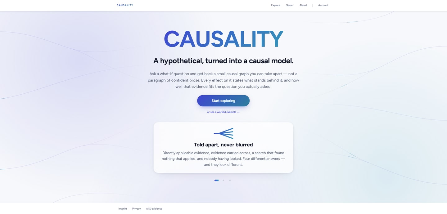 Screenshot of the CAUSALITY home page with the line “A hypothetical, turned into a causal model.”