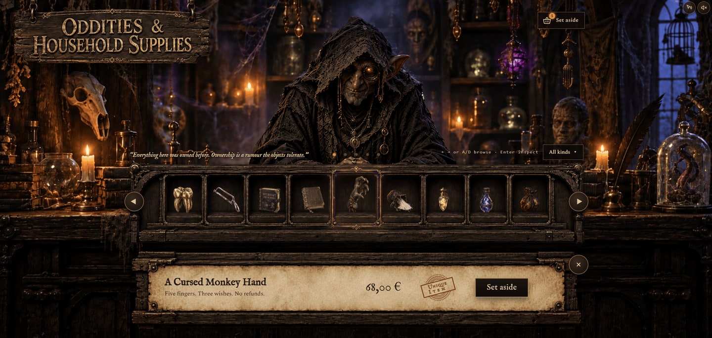 Screenshot of the Oddities & Household Supplies shop, with a hooded vendor behind a shelf of curious items