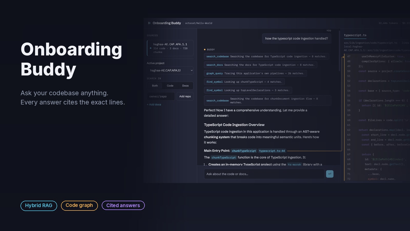 Screenshot of Onboarding Buddy answering a question about a codebase, with the cited source code shown beside the answer