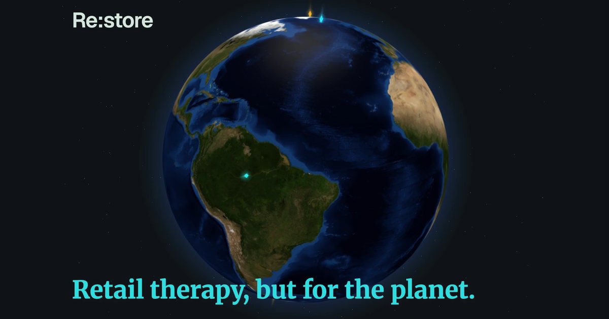 Screenshot of the Re:store home page, a glowing globe with the line “Retail therapy, but for the planet.”