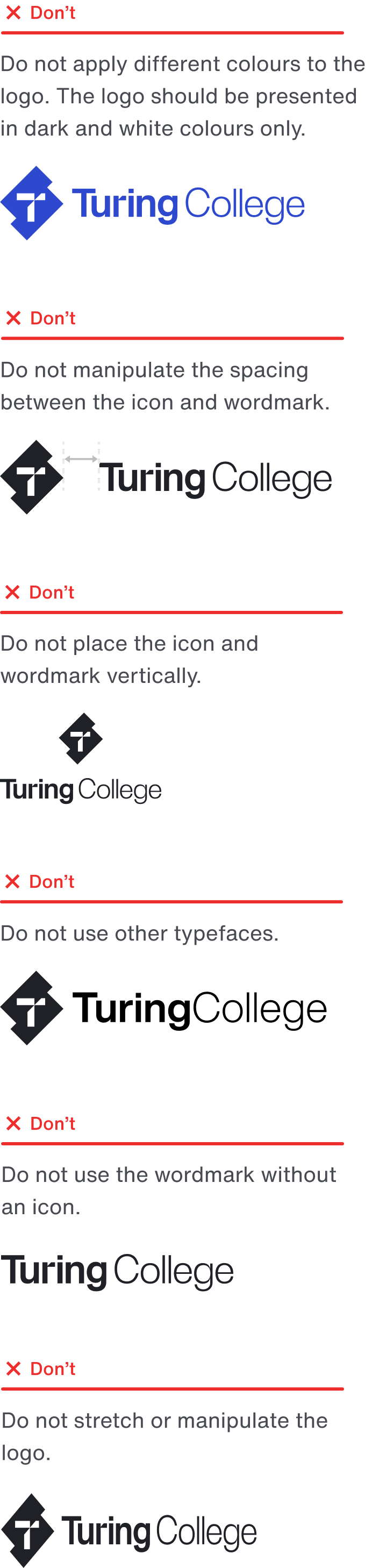 Examples of incorrect Turing College logo usage