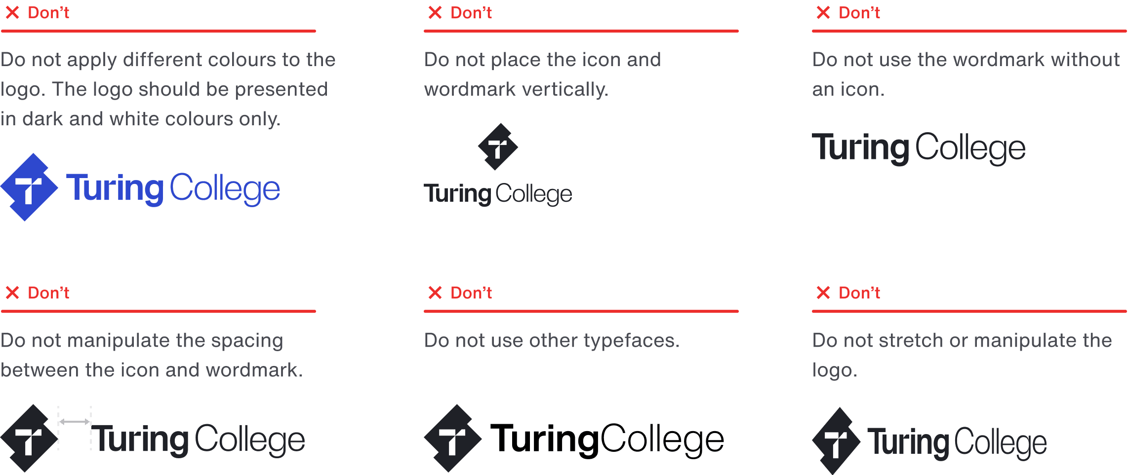Examples of incorrect Turing College logo usage