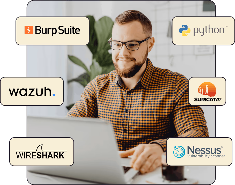 Cybersecurity apprentice working at a laptop, framed by logos of the tools the programme covers: Burp Suite, Python, Wazuh, Suricata, Wireshark and Nessus